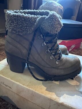 Mudd Gray Faux-Shearling Lace-Up Heel Boots